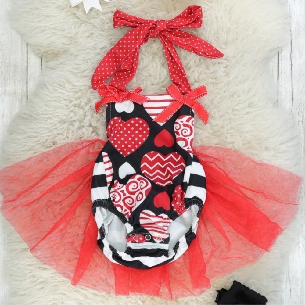Heart Red and White Onesie with Red Ruffle Tulle NWOT